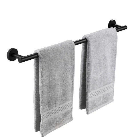 Two towels hanging on a Matte Black Stainless Steel Towel Bar For Bathroom 25 Inch Wall Mounted Hand Towel Holder Heavy Duty Rustproof SUS304 Finish