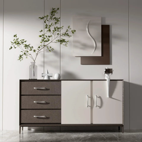 Modern cabinet with 20 Pack Brushed Nickel Cabinet Pulls 5 Inch Arch Curved Drawer Handles, featuring minimalist decor on top.