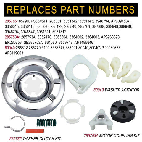 Beefed Up Heavy Duty Motor Coupling Kit 285753A Plus Washer Clutch Kit 285785 And 80040 Agitator Dog for Whirlpool Kenmore Washers