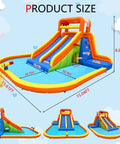 Giant Backyard Water Park With Tall Dual Slides, Climbing Walls, Splash Pool, Tunnel, Water Cannon And Sprayer, Two Basketball Hoops, Dump Bucket, Epic Summer Fun For Big Kids And Kid's Parties shown with dimensions.
