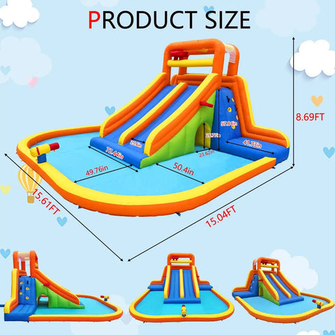 Giant Backyard Water Park With Tall Dual Slides, Climbing Walls, Splash Pool, Tunnel, Water Cannon And Sprayer, Two Basketball Hoops, Dump Bucket, Epic Summer Fun For Big Kids And Kid's Parties shown with dimensions.