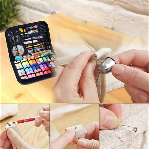 Ultimate Sewing Kit With 200 Premium Supplies And 41 XL Thread Spools For Travelers Beginners And DIY Fans in use for repairs.