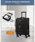 Lightweight Softside Carry On Luggage With 22x9x14 Inches Cabin Size, Spinner Wheels, TSA Lock; black luggage with open view inset.