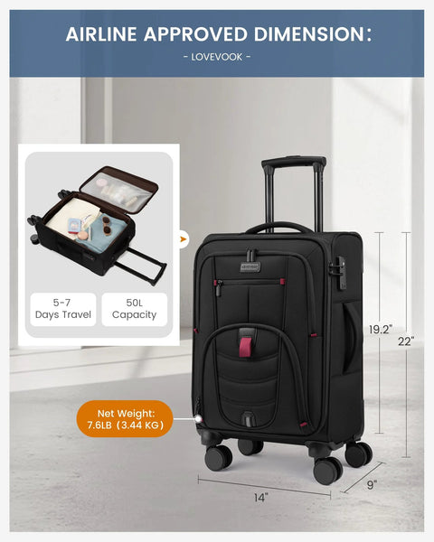 Lightweight Softside Carry On Luggage With 22x9x14 Inches Cabin Size, Spinner Wheels, TSA Lock; black luggage with open view inset.