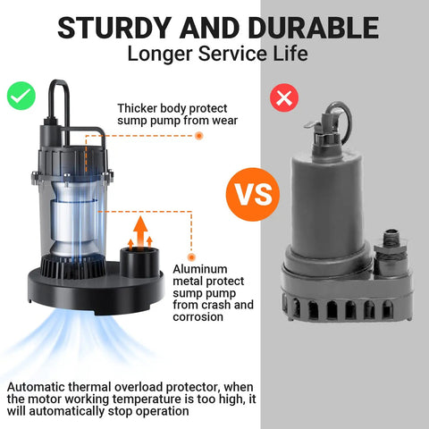 Comparison of Half HP Submersible Sump Pump With 3300 GPH Flow And 27.7 Ft Lift Handles Clean Or Dirty Water