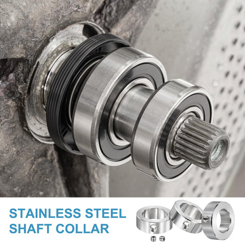 4 Pack Stainless Steel Shaft Collar Set, 17mm Inner Diameter, 28mm Outer Diameter, 12mm Thickness, shown on machinery