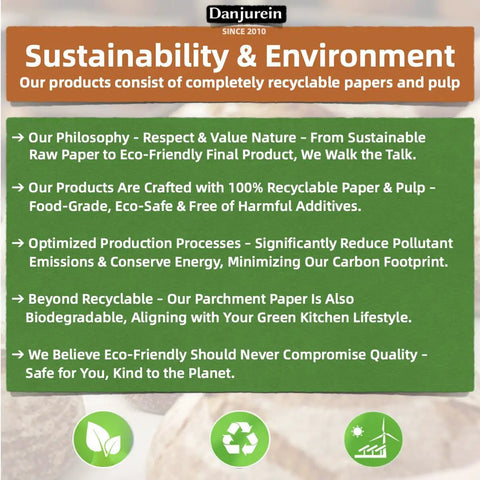 Sustainability and environment message on recyclable parchment paper for 16x24 inch liners in bakery and restaurant use.