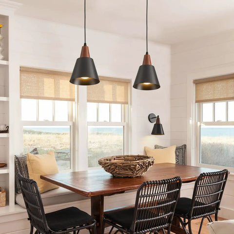 Top Tier Black Pendant Lights Set Of Two Slick Wooden Dome Fixtures For Kitchen Island Or Rustic Barn over a dining table