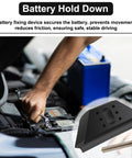 Heavy Duty Base Clamp Battery Hold Down Kit For Cars Trucks Suv Anti Vibration Stabilizer, wrench tightening battery in vehicle engine bay.