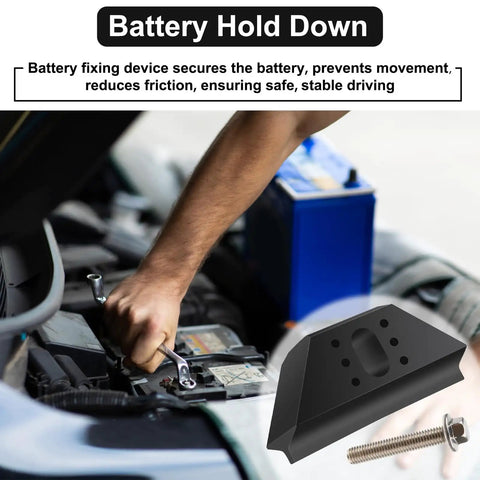 Heavy Duty Base Clamp Battery Hold Down Kit For Cars Trucks Suv Anti Vibration Stabilizer, wrench tightening battery in vehicle engine bay.
