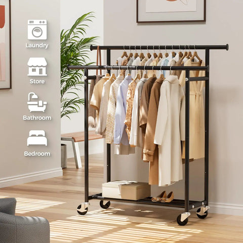 Heavy Duty Rolling Clothes Rack With Double Hanging Bars And Smooth Glide Casters Portable Black Garment Stand For Shirts Pants Jackets Roommate Approved Dorm Flex Setup