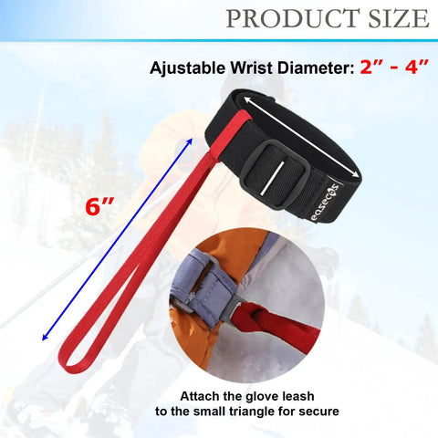 Diagram showing 6 Pack Ski Glove Leashes Wrist Lanyards Adjustable Anti Lost Straps for Skiing Snowboarding with red strap