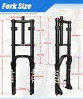 26 Inch Fat Tire Front Fork With Air Suspension For Mountain Bikes, 180mm Travel, 135mm Hub, Straight Steerer, Size Diagram