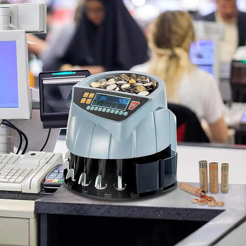 Piudoiliy Electric Coin Sorter Machine With Led Display And 8 Bins on a counter, processing coins quickly, ideal for retail use.