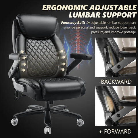 600Lbs Big And Tall Heavy Duty Office Chair With 5D Flip Arms Pocket Spring Cushion High Back Ergonomic Desk Chair With Lumbar Support Dual Rubber Wheels Extra Plush Padding For All Day Comfort with adjustable lumbar support.