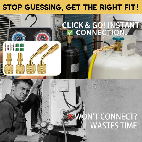 Grind Ready A2L R454B Refrigerant Adapter And Mini Split Brass Coupler Paired With Auto AC Manifold Gauge Connector 1/4 Female To Male Reverse Thread Drop Dead Easy HVAC Tool Kit displayed with a focus on instant connection functionality.