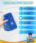 Person putting blue 36 Inch Dust Mop Head Replacement for Universal Janitorial Frames in washing machine, showing features on side.