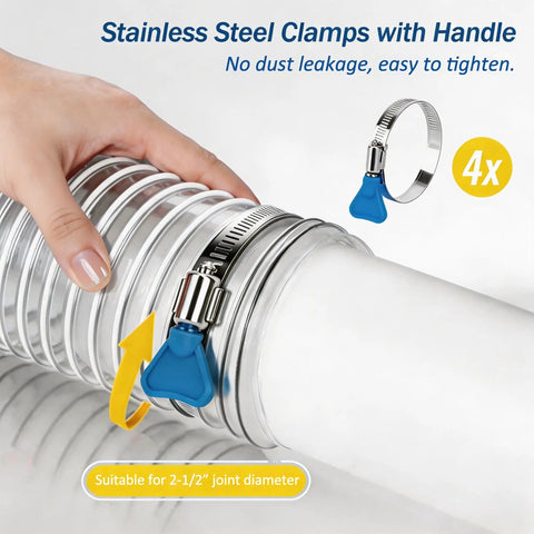 Hand tightening Heavy Duty 2.5 Inch By 10 Foot Clear PVC Dust Collection Hose With Carbon Steel Wire Coil using blue-handled clamp