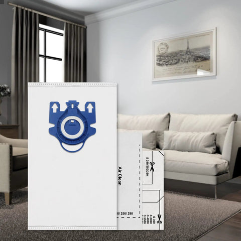 12 Pack 3D AirClean Vacuum Bags For GN Style Canister Vacuums in living room with couch and wall art, focus on bag design