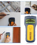 Electronic Finder Handheld Wall Scanner for Wood Metal Studs Detection with LED Alarm Detector in use against wall.