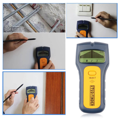Electronic Finder Handheld Wall Scanner for Wood Metal Studs Detection with LED Alarm Detector in use against wall.