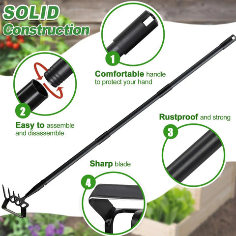 2 In 1 Garden Hoe Cultivator With 62 Inch Long Handle Stirrup Weeder And Soil Loosener Heavy Duty 4 Prong Tiller in use