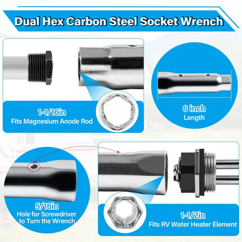 RV Water Heater Maintenance Kit With 9.25 Inch Magnesium Anode Rod And 520900 Electric Heating Element, wrench details