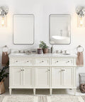 Set Of 2 Modern Brushed Nickel Wall Sconces With Clear Glass Shades For A No Fuss Bathroom Vanity Lighting, Damp Rated Farmhouse Style Wall Lamps For Mirror, Bedroom, Or Hallway, 1 Light above a double sink vanity in a bathroom.
