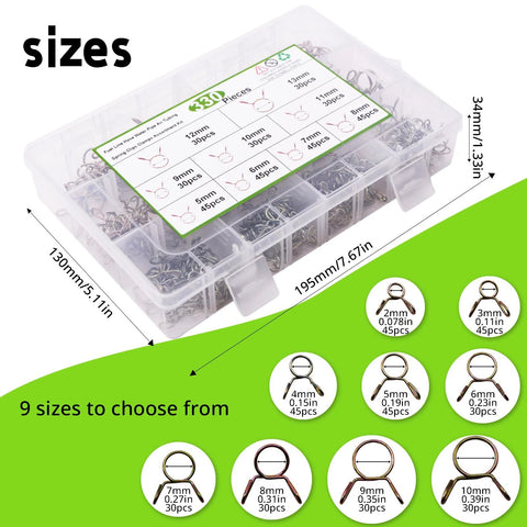 330-piece stainless steel spring hose clamp set in a clear plastic organizer, 5–13 mm range.