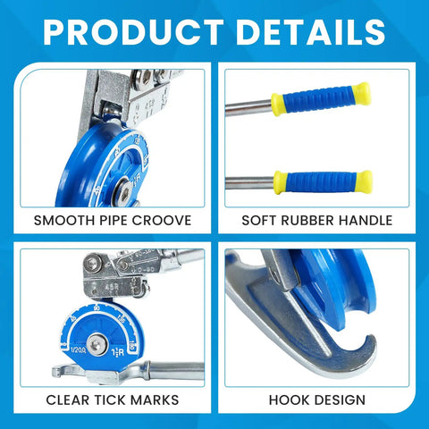 Heavy Duty 1/2 Inch Tubing Bender With 180 Degree Angle For Precise Bending On Copper Brass Aluminum And Stainless Steel Pipes Up To 2mm Wall Thickness product details showing smooth pipe groove, soft rubber handle, clear tick marks, and hook design.