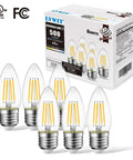 Cozy Warm Glow LED Filament Candle Bulbs, E26 Candelabra Base, 4.5W 60W Equivalent, six bulbs and packaging, dimmable, 2700K.
