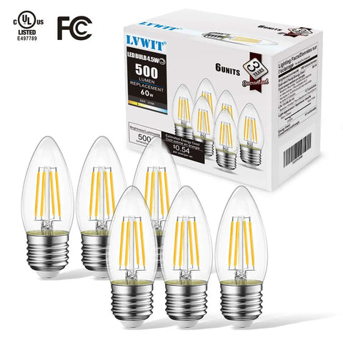 Cozy Warm Glow LED Filament Candle Bulbs, E26 Candelabra Base, 4.5W 60W Equivalent, six bulbs and packaging, dimmable, 2700K.
