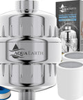 Pro Grade Hard Water Shower Filter With 20 Filtration Stages Removes Chlorine Fluoride Heavy Metals And Sediment For Healthier Skin Hair And Nails Vitamin C Boost For Softer Fresher Showers, shown with 2 replaceable cartridges and packaging.