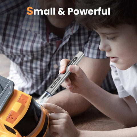 Child using Cordless Precision Screwdriver Set With 34 Magnetic Bits, Smart Motion Control, Pro Grade in space gray on toy.