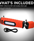 Cordless 400 Lumen LED Work Light Torch Portable With 360 Degree Swivel 90 Degree Tilt Magnetic Mounts Rechargeable Battery SL360RU included items