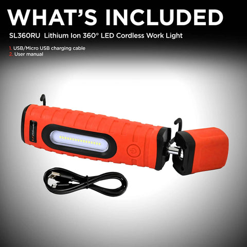 Cordless 400 Lumen LED Work Light Torch Portable With 360 Degree Swivel 90 Degree Tilt Magnetic Mounts Rechargeable Battery SL360RU included items