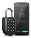 Heavy Duty Smart Padlock With App Shared Access Waterproof Rechargeable Bluetooth Security Lock For Bike Racks And Storage Boxes shown with smartphone interface and keypad.