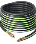 Heavy Duty Three Eighths Inch Air Hose Fifty Feet Thickened Five Layer Design Kink Resistant And All Weather Flexible 450 PSI Hybrid Compressor Hose With One Quarter Inch Brass Quick Coupler And Plug Pro Grade Industrial High Flow coiled with brass fittings