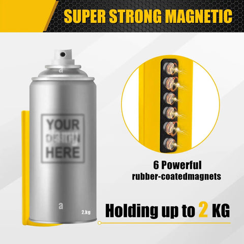 4 Pack Magnetic Aerosol Spray Can Holder With Rubber Coated Magnets, Slim Wall Mount Organizer For Garage, Toolbox, And Workspace, showing holder with six magnets.