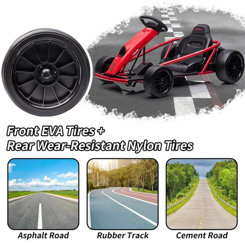 24V Dual Motor Ride On Go Kart For Kids With Two 300W Motors 8 MPH Electric Toy Car on road with tire descriptions