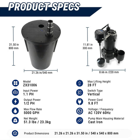 Heavy Duty Utility Sink Sewage Pump With 33 Gal Holding Tank, 5000 GPH Output, Half HP Motor, 28 Ft Max Head, ETL Certified For Basements And Laundry Spaces, Solid Build Takes The Water Grind Off Your Plate product specs.