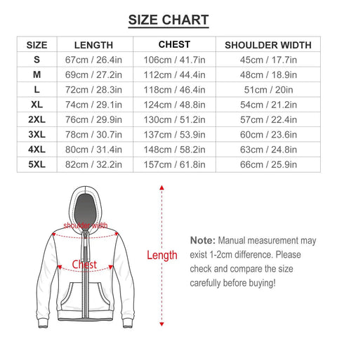 Size chart for Heavyweight Fleece Hoodie For Men With Full Zip And Warm Inner Lining Thick Winter Coat Style Sweatshirt