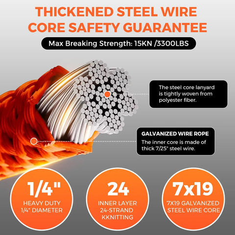 Cross-section of Heavy Duty Tree Climbing Rope With Steel Core Flip Line Half Inch Twelve Feet in detail showing wire core.