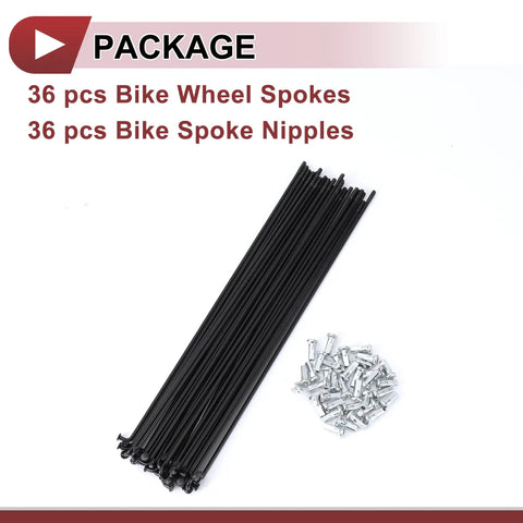36 Piece 12G Bicycle Spokes Set, 221mm Length, 45 Steel Black, Nipple Thread 12G, Durable Wheel Spokes for Replacement