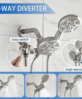 All In One Dual Shower System With Tub Spout And Handheld Seven Modes And Forty Nine Shower Combinations Easy Install Overhead Three Way Diverter Adjustable Heads Brushed Nickel Tub And Shower Trim Kit Complete Bath Faucet Set with three-way diverter and adjustable shower heads.