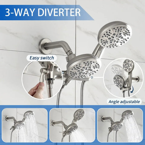 All In One Dual Shower System With Tub Spout And Handheld Seven Modes And Forty Nine Shower Combinations Easy Install Overhead Three Way Diverter Adjustable Heads Brushed Nickel Tub And Shower Trim Kit Complete Bath Faucet Set with three-way diverter and adjustable shower heads.