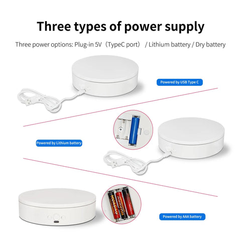 Foxvee 7.87 Inch White Motorized Rotating Display Stand 360 Silent Spinning Turntable showing power supply options: USB Type C, lithium, and dry battery.