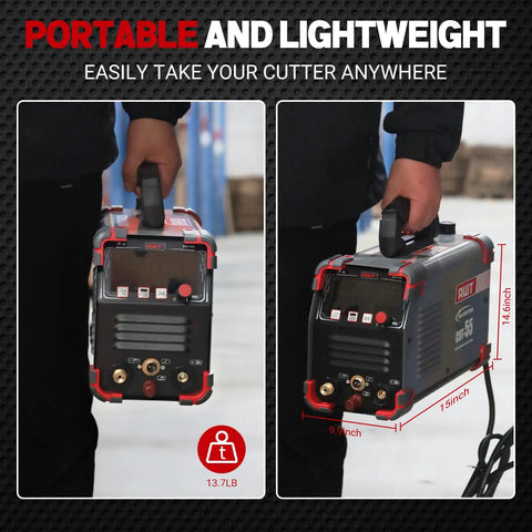 Person holding Plasma Cutter 55 Amp With Non Touch Pilot Arc And Large LED Display Pro Grade Dual Voltage 110 To 220 Volt