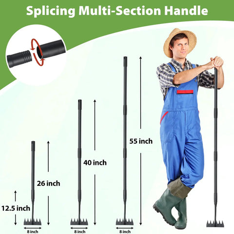 Manual Weeder Tool With 6 Tines Garden Rake And Sharp Blade, 55 Inch Long Handle shown with adjustable handle sizes