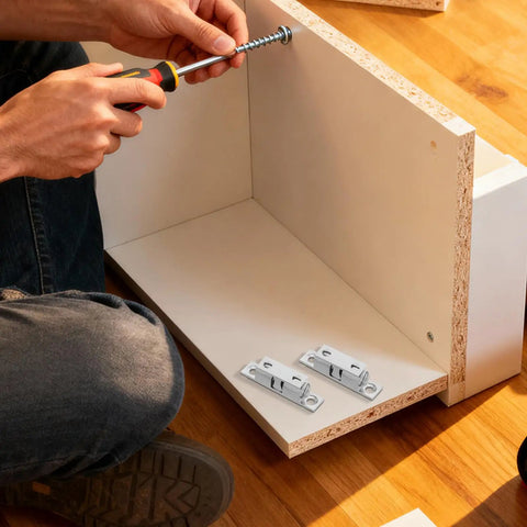 Installing Solid Silver Copper Cabinet Door Rollers With Silent Close And Rust Resistant Finish, 10 Pack for cupboard assembly.